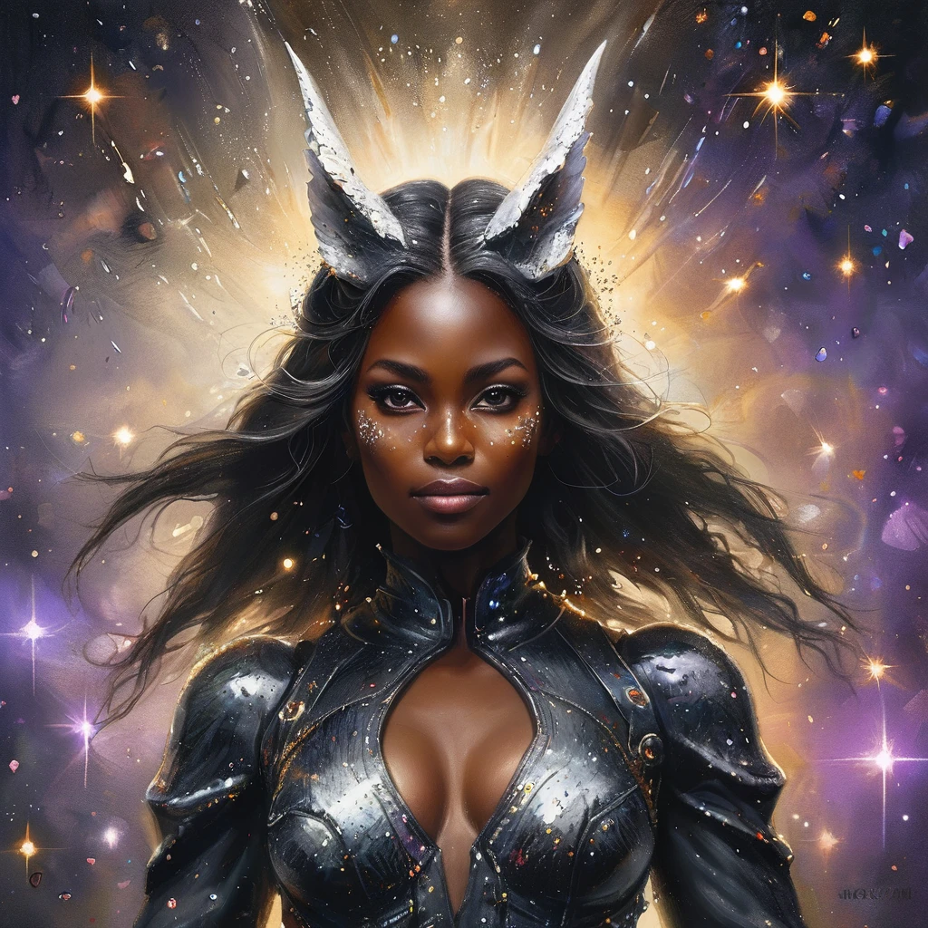  un portrait d&#39;ange de combat, beautiful black skin with scintillaits and Paillettes, Cheveux longs et longs, yeux brillants et éclaircissants, peau détaillée, l&#39;image est convaincante avec une composition dynamique et une pose énergique. Incluez de nombreux détails fantastiques tels que des bosses, irisation fantasmatique, Paillettes, galaxie, cosmos, ((corps en peau céleste sombre, corps cosmique vide)), (((fond sombre))), (((lumières éteintes))), (((Hollywood sombre))), horreur, ombres dramatiques, (dans un espace sombre et fantastique:1.3, Paillettes, scintillait, lueur) illustration numérique de vecteur, (fond noir:1.5)POINTU