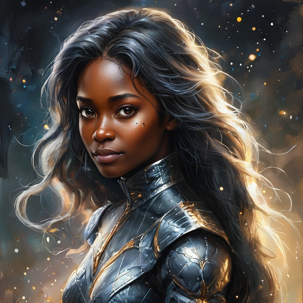  un portrait d&#39;ange de combat, beautiful black skin with scintillaits and Paillettes, Cheveux longs et longs, yeux brillants et éclaircissants, peau détaillée, l&#39;image est convaincante avec une composition dynamique et une pose énergique. Incluez de nombreux détails fantastiques tels que des bosses, irisation fantasmatique, Paillettes, galaxie, cosmos, ((corps en peau céleste sombre, corps cosmique vide)), (((fond sombre))), (((lumières éteintes))), (((Hollywood sombre))), horreur, ombres dramatiques, (dans un espace sombre et fantastique:1.3, Paillettes, scintillait, lueur) illustration numérique de vecteur, (fond noir:1.5)POINTU