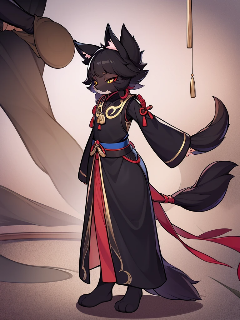 full height. anthropomorphic cat. little height. black fur. chinese costume. ribbons. pancake tail. long ears. thin cat paws. no hair