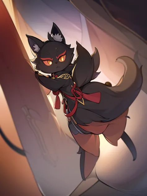 full height. anthropomorphic cat. little height. black fur. chinese costume. ribbons. pancake tail. long ears. thin cat paws. no...