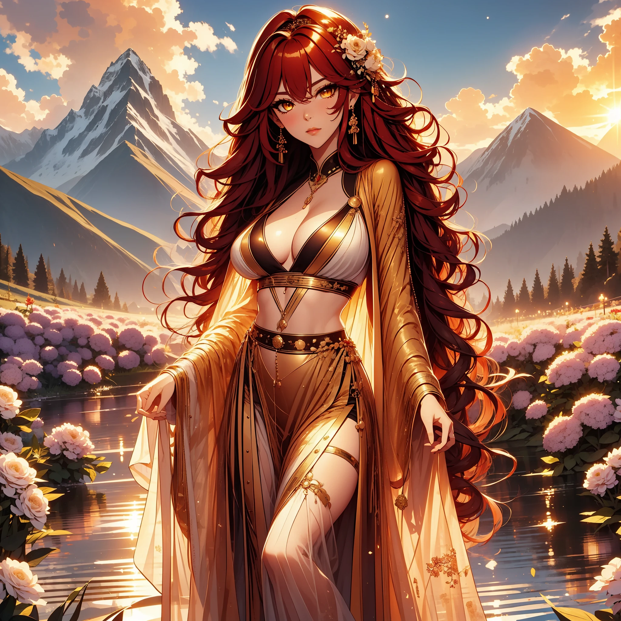 beautiful, marika, queen marika, black dress, deep cleavage, wavy red hair, golden eyes, bra, sexy, sensual, flower garden, mountains in the background, full body image, perfect anatomy,