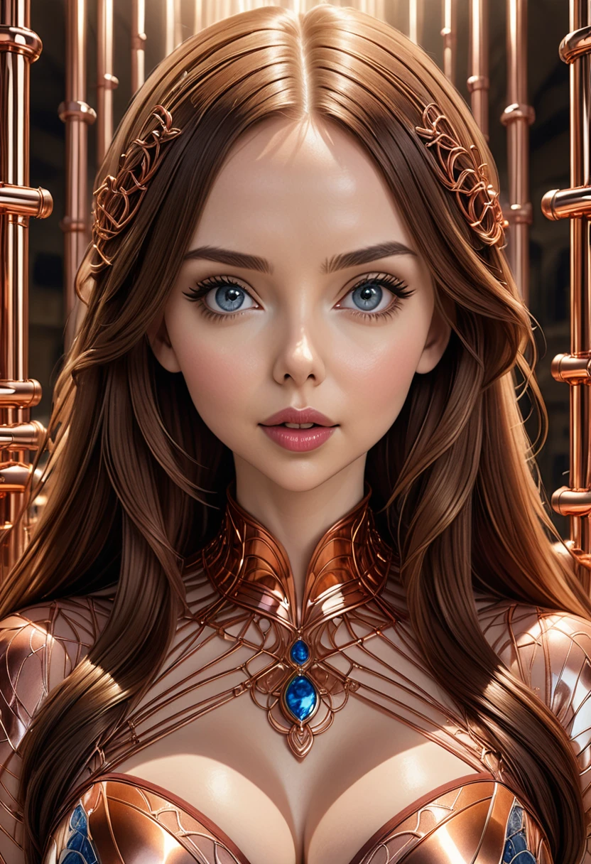 A stunning woman with hair made of intricate copper piping, cascading down like a metallic waterfall. She wears a dress fashioned from delicate, interwoven copper pipes, glinting under the light. Her visage is a mesmerizing blend of Alison Brie, Scarlett Johansson, and Dove Cameron, creating a unique, symmetrical face that exudes elegance and grace. The entire scene is rendered in photorealistic quality, capturing every fine detail with stunning clarity. The overall artwork is a masterpiece, presented in 8K high resolution, showcasing the top-quality craftsmanship and artistic vision.