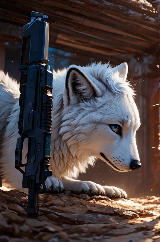 a male arctic fox holding a gun, white hair with light blue tips, ground, cute, detailed face, intricate fur texture, realistic lighting, cinematic composition, muted color palette, dramatic shadows, photorealistic, 8k, highly detailed, masterpiece