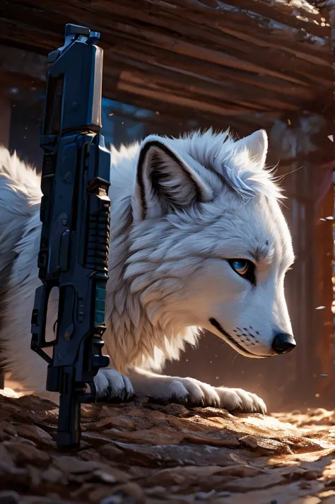 a male arctic fox holding a gun, white hair with light blue tips, ground, cute, detailed face, intricate fur texture, realistic ...