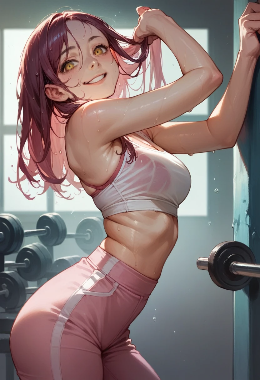 Sakurauchi riko, cowboy shot, pink skinny sweet pants, tight gym bra, sweating,sweat drops , slightly smile, (cleavage:0.7),wet hair,yellow eyes, (from side),thicc legs, standing, (one leg up:0.7), realistic art , curvy body 