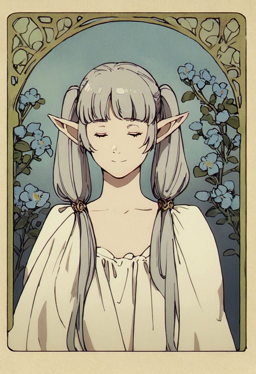 masterpiece, best quality,
Closed eyes, silver hair, solo,bangs, ((art nouveau)), ((blue flowers)), elf, long silver hair, ((ponytails)), ((standing)), ((levitating)), wind, gentle smile, white dress, looking down, ((portrait)), gold