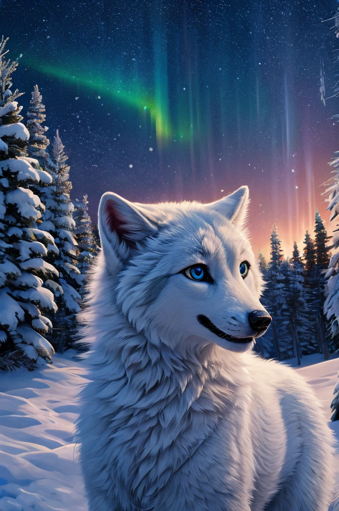 a cute arctic fox, realistic, photorealistic, detailed fur, detailed face, beautiful eyes, beautiful nose, beautiful mouth, serene expression, standing in a snowy landscape, falling snow, pine trees, northern lights in the sky, natural lighting, vibrant colors, 8k, hyper detailed, award winning photography, Furry