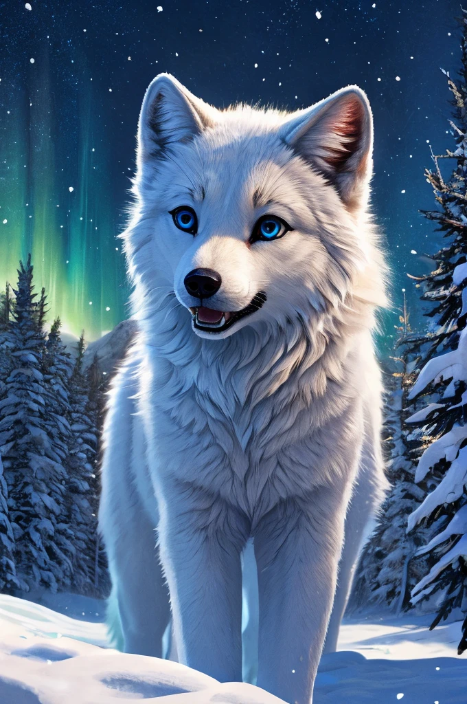 a cute arctic fox, realistic, photorealistic, detailed fur, detailed face, beautiful eyes, beautiful nose, beautiful mouth, serene expression, standing in a snowy landscape, falling snow, pine trees, northern lights in the sky, natural lighting, vibrant colors, 8k, hyper detailed, award winning photography, Furry