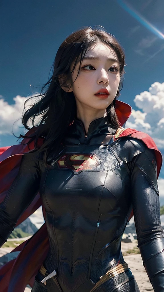 Woman wearing detailed SuperMan costume with full sleeves covering the entire body, short black hair, serious face, (flying in sky), vivid colors, dramatic lighting, red cape, cinematic costume, carbon fiber detailed suit,