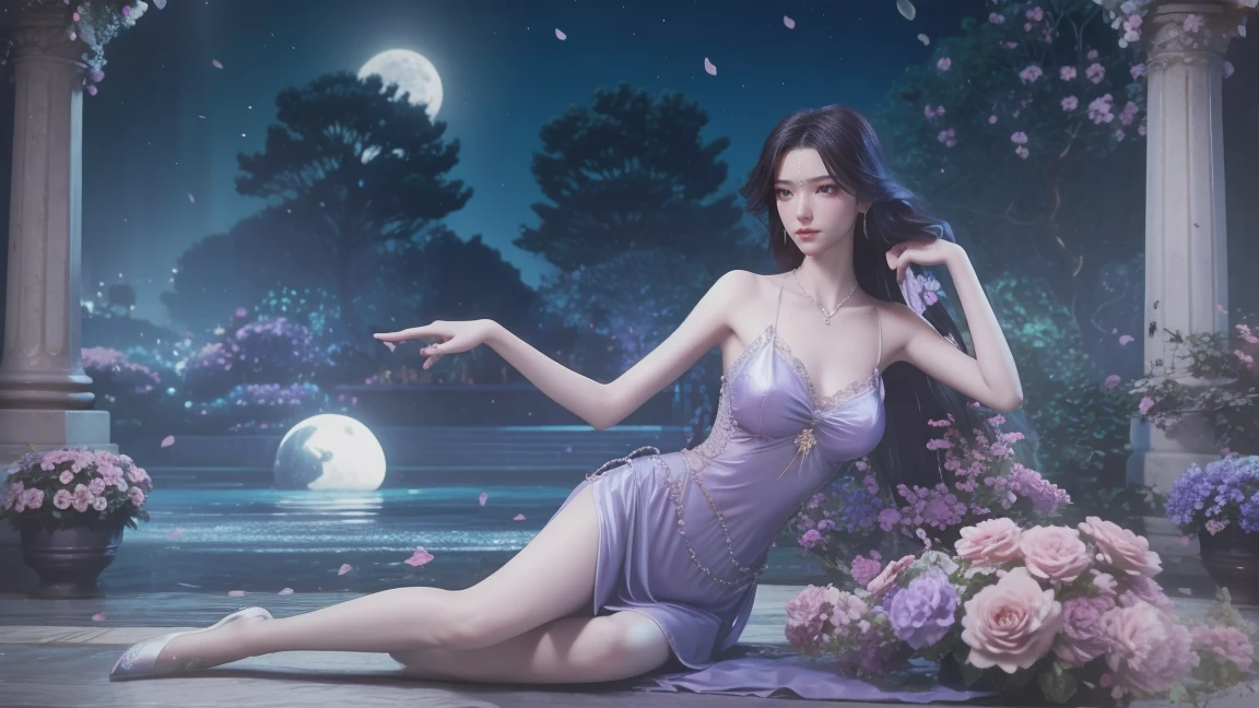 A beautiful woman with perfect curves wearing a long purple dress that gently flutters in the air,The beautiful woman was sitting in a sea of beautiful flowers surrounding her, Chinese traditional, her flexible body increasing with every movement, So enchanting, the dim candlelight, the glowing butterflies fighting the darkness of the night, the light of the moon, The night wind blowing the curtains, the purple flower petals , flower petals flying around the room, Chinese dancing, This woman is so beautiful that she attracts everyone who watches her, ancient China, imperial empress 