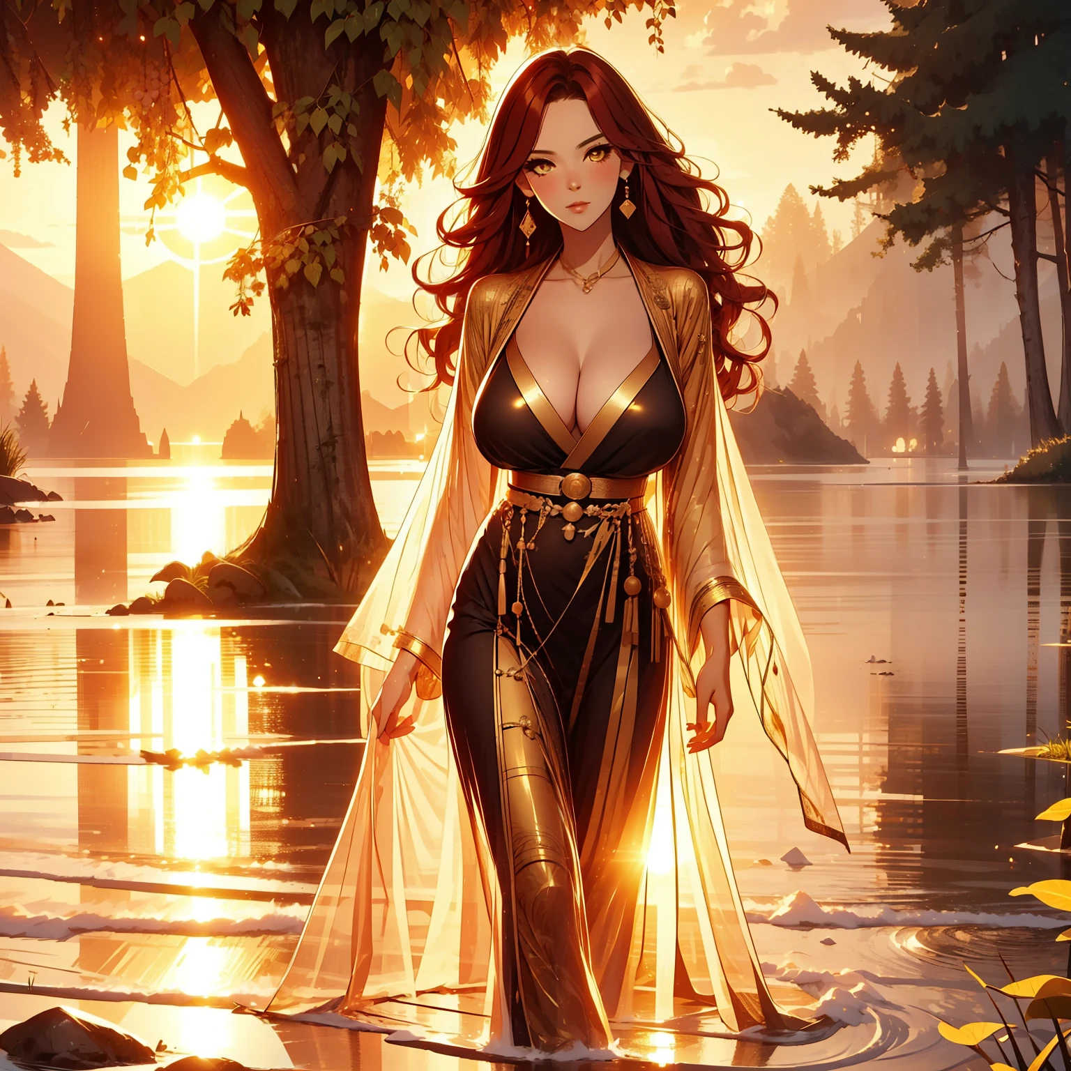 beautiful, marika, queen marika, black dress, deep cleavage, wavy red hair, golden eyes, bra, sexy, sensual, walking in the forest, walking in the grass, mountains in the background, full body picture, perfect anatomy, No water,