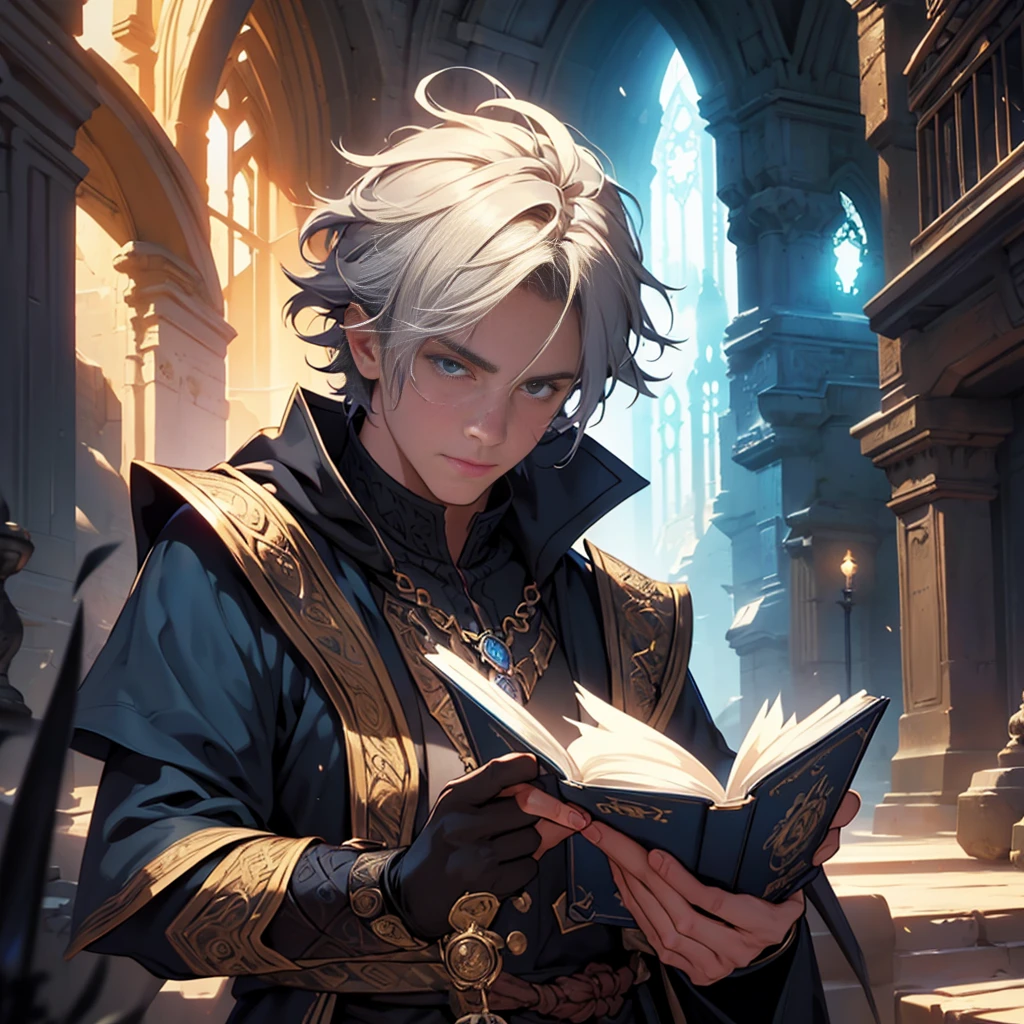 a man with short messy hair wearing wizard clothes holding a magic book, magical background, highly detailed, intricate, cinematic lighting, dramatic shadows, fantasy, digital art, concept art, vibrant colors, dynamic composition, photorealistic, 8K, best quality, masterpiece