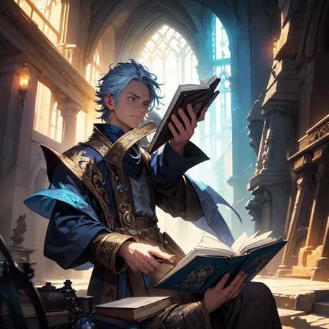 a man with short messy hair wearing wizard clothes holding a magic book, magical background, highly detailed, intricate, cinemat...