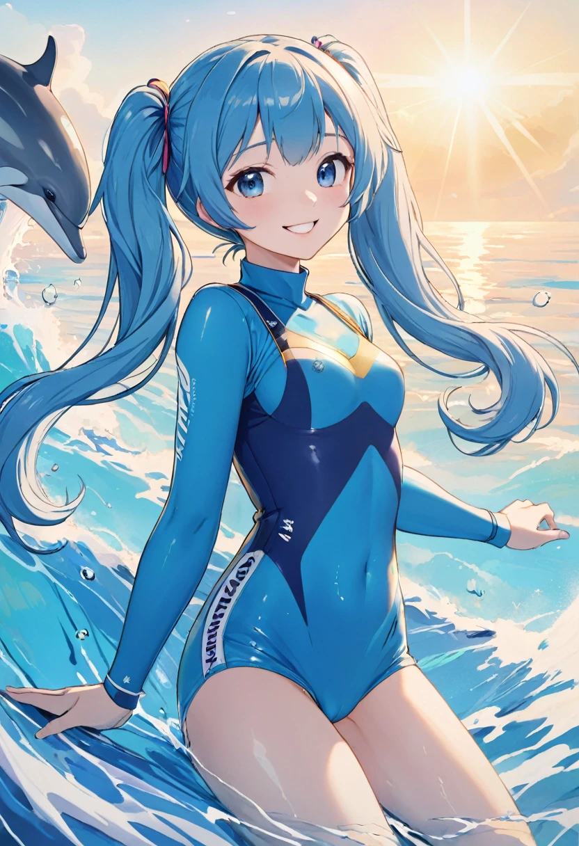 A picture of a dolphin swimming in a colorful sea, Light blue long hair、Beautiful girl with twin tails、Bright smile、 Very detailedな水彩画 8k, Very detailedな水彩画 8 K，Octane，end，Realistic，Clear lines, High Sharpness,Highest quality, Very detailed, Master Parts, Cinematic lighting effects, 4K 