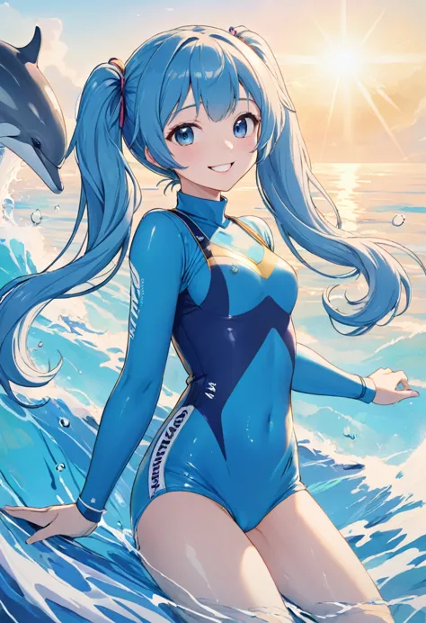 a picture of a dolphin swimming in a colorful sea, light blue long hair、beautiful girl with twin tails、bright smile、 very detail...