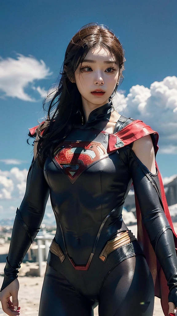 Woman wearing detailed SuperMan costume with full sleeves covering the entire body, short black hair, serious face, (flying in sky), vivid colors, dramatic lighting, red cape, cinematic costume, carbon fiber detailed suit,