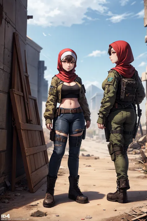 Full body turnaround of female sniper game character wearing Islamic hijab with post apocalyptical worn clothing made of scraps ...