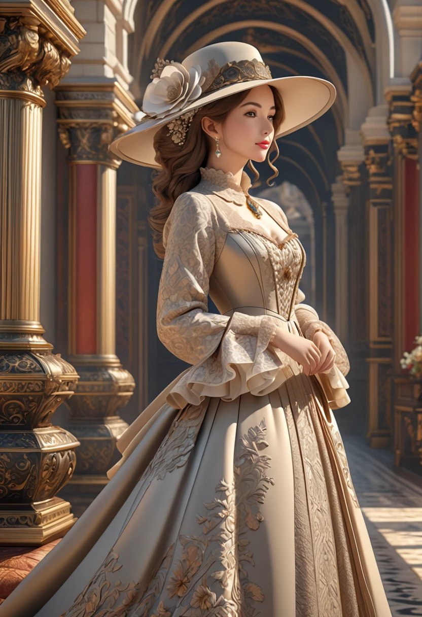 Woman in luxurious long dress、hat、Renaissance design、intricate detailed, Digital Art、Octane Render、3D Rendering、