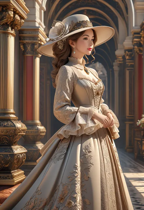 woman in luxurious long dress、hat、renaissance design、intricate detailed, digital art、octane render、3d rendering、