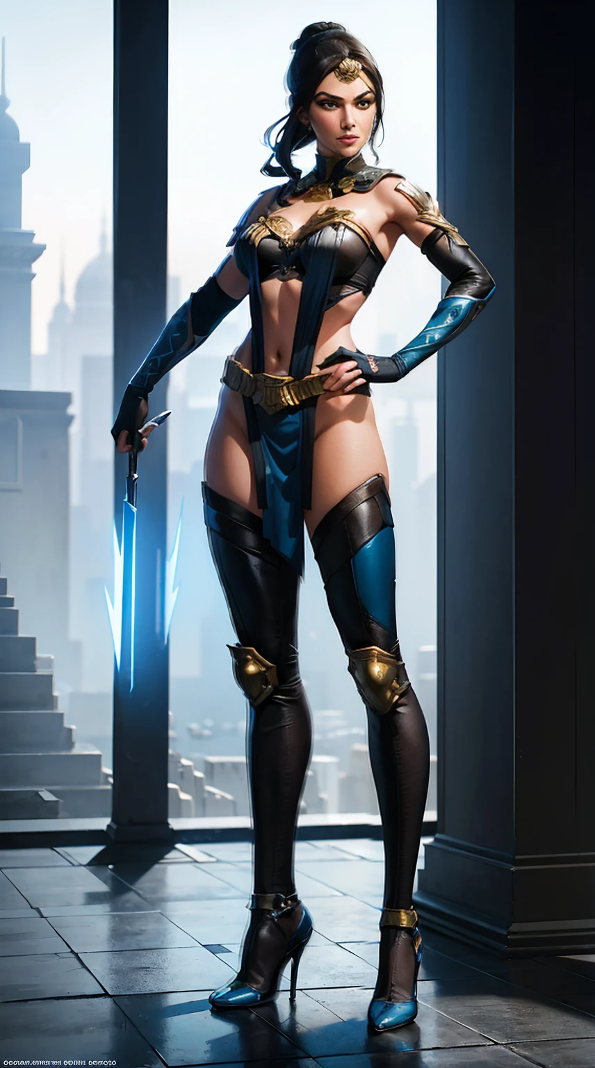 ((Full body photo, standing, feet on the ground))  actess ((Gal Gadot)) as Kitana from Mortal Kombat,shipping for camera,  in the temple, wields fans, blue-and-black revealing bodysuit, blue stockings, blue ninja mask, high heels, (intricate hair bun), intricate, high detail, sharp focus, dramatic, photorealistic painting art by greg rutkowski