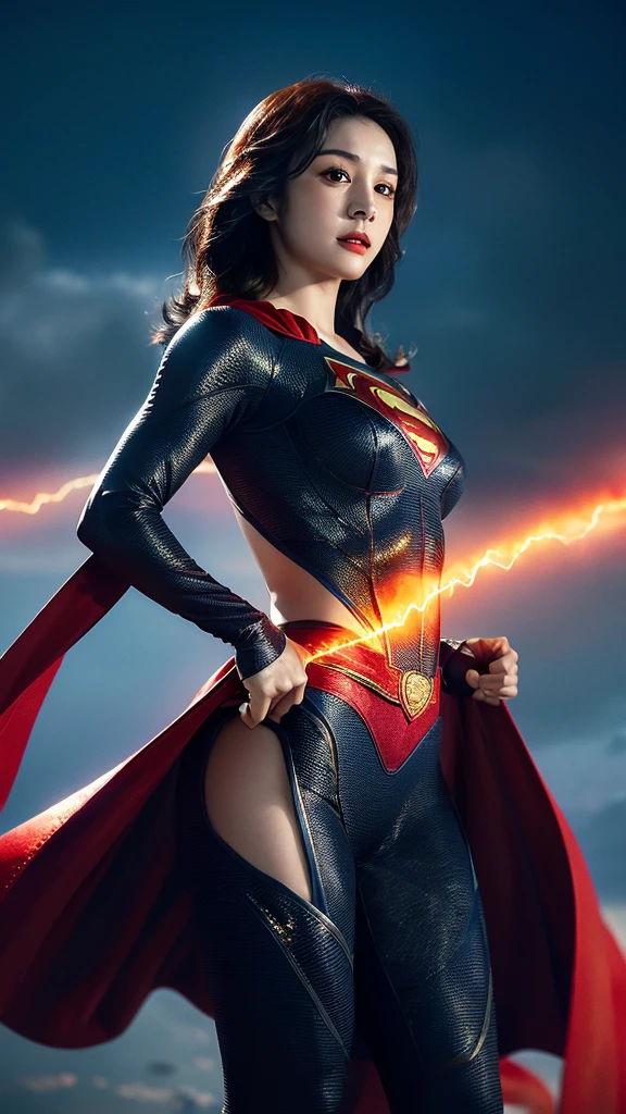 Woman wearing detailed SuperMan costume with full sleeves covering the entire body, short black hair, serious face, (flying in sky), vivid colors, dramatic lighting, red cape, cinematic costume, carbon fiber detailed suit,