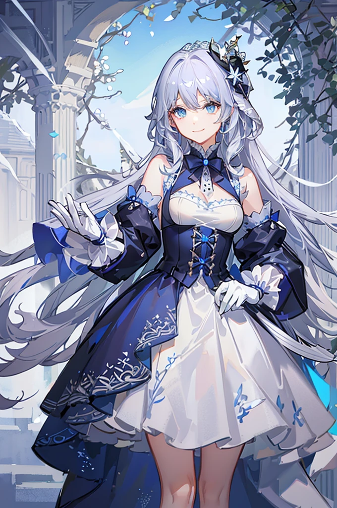 A woman with white hair and blue eyes、adult、Long, fluffy wavy hair、Smiling、Hand to hand、Braiding、Wearing hair ornaments、Princess、White gloves、blue and white lace dress、Blue and white ribbon、The dress is short in the front and long in the back、Garter Ring、Fantasy