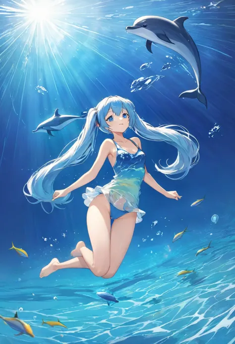 photo of a dolphin swimming in a colorful ocean, light blue long hair、beautiful girl with twin tails、inspired by cyril rolland, ...