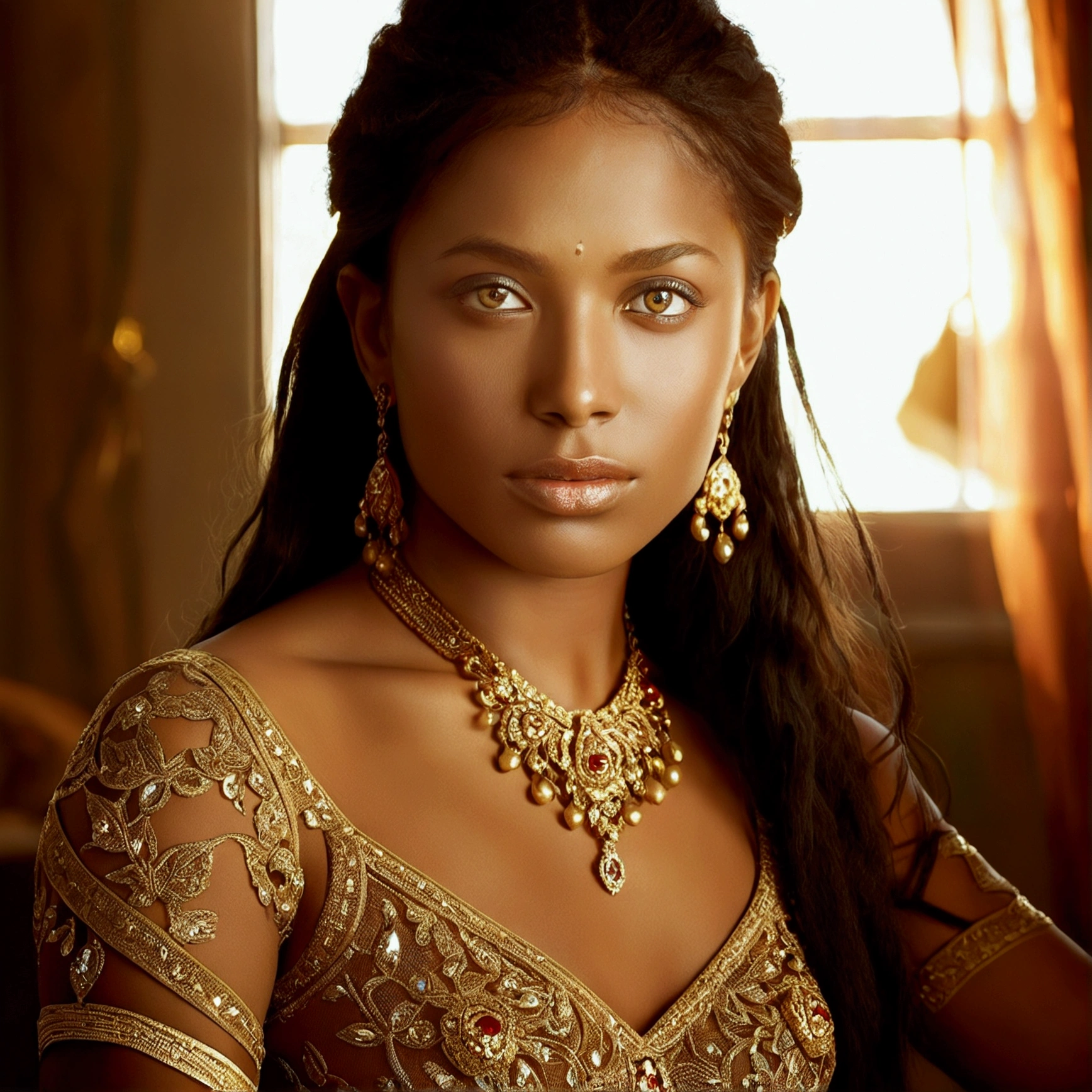 The portrait is ultra-detailed, looks like real girl with sharp focus and high resolution. The model’s skin and eyes are highly detailed, and the golden jewelry is rendered with precision and accuracy. The photograph has a cinematic quality to it, with dramatic lighting that emphasizes the beauty of the model and the richness of her surroundings. The image is captured with an 8k camera and edited using the latest digital tools to produce a flawless final result.