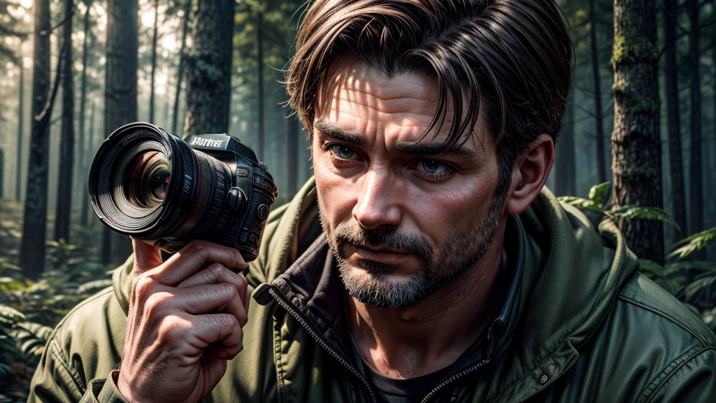 a 40 year old man photographer, sitting in the forest holding a camera, 3d comic style, detailed face, detailed eyes and face, detailed hands, detailed clothing, high quality, 8k, photorealistic, beautiful lighting, warm colors, dynamic composition, cinematic atmosphere