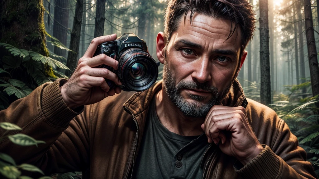 a 40 year old man photographer, sitting in the forest holding a camera, 3d comic style, detailed face, detailed eyes and face, detailed hands, detailed clothing, high quality, 8k, photorealistic, beautiful lighting, warm colors, dynamic composition, cinematic atmosphere