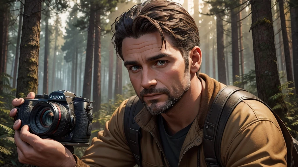 a 40 year old man photographer, sitting in the forest holding a camera, 3d comic style, detailed face, detailed eyes and face, detailed hands, detailed clothing, high quality, 8k, photorealistic, beautiful lighting, warm colors, dynamic composition, cinematic atmosphere, ((Medium Shot))