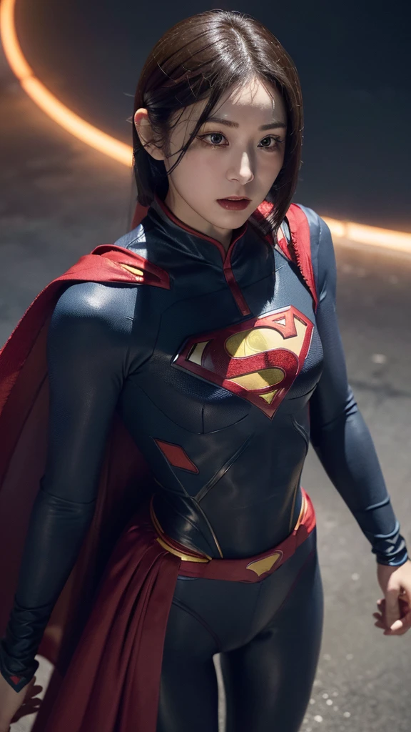 Woman wearing detailed SuperMan costume with full sleeves covering the entire body, short black hair, serious face, (flying in sky), vivid colors, dramatic lighting, red cape, cinematic costume, carbon fiber detailed suit,