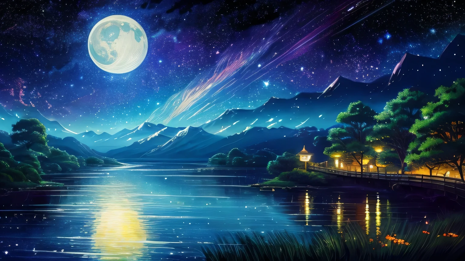 Painting of a river with stars and moon floating in the sky, Concept art inspired by Mitsuoki Tosa, pixiv Contest Winner, Highest quality, Fantasy art, Beautiful anime scene, Bright Moon, Moonlight and Starry Sky Environment, Dream painting, Anime Background Art, Fantasy Landscape Painting, Fantasy Night, Anime Background, Background artwork, Great art, Atmospheric anime, Starry Sky, Detail enhancements.