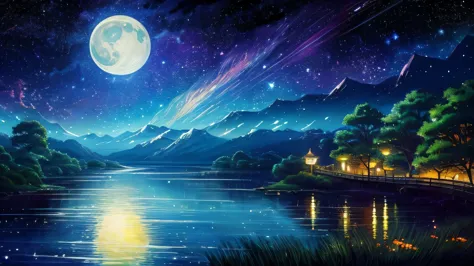 Painting of a river with stars and moon floating in the sky, Concept art inspired by Mitsuoki Tosa, pixiv Contest Winner, Highes...