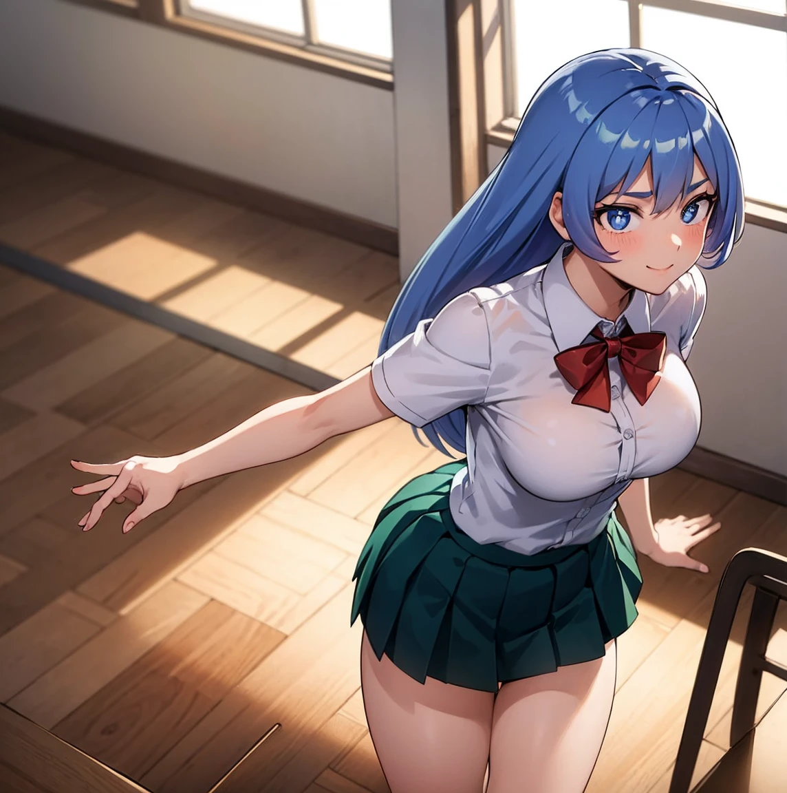 ((1girl)),((alone)), nejire hadou,(masterpiece), (best quality), (ultra detailed), (best illustration), (best shadow), (absurdities), sharp focus, cowboy shot , looking at the viewer, big breasts, narrow waist, wide hips, medium thighs, round butt, dynamic posture, green hair, blush, blue eyes, blue hair, long hair, big breasts, u.a. , red tie, collared shirt, white shirt, tight shirt, short sleeves, green skirt, short skirt, tight skirt, (black socks: 1.2), brown loafers: 1.1, seductive smile, closed mouth, (sexy pose: 1.2), solo, standing: 1.3, interior, school, classroom, desks, window, sunset, looking forward, ((focus on breasts)), pov (from middle), red blush, perfect anatomy, perfect hands