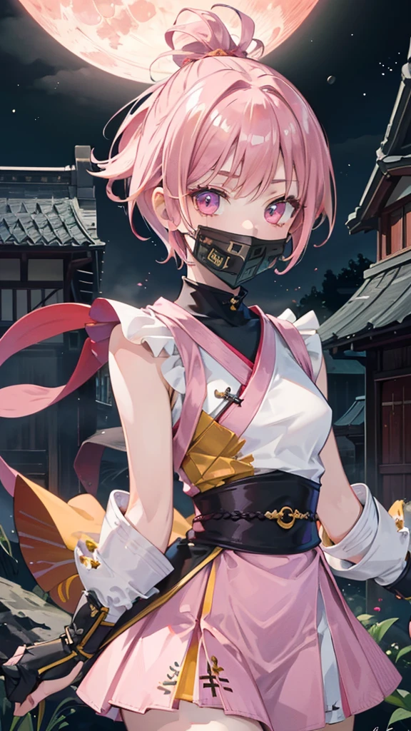 Best quality, Ultra detailed, best quality, insanely detailed, beautiful, masterpiece, 8k, 
break  
(full moon:1.2),  red moon, eye on moon, 
break 
1lady, solo, pink hair, (short hair:1.2), (topknot:1.0), yellow ribon ,ultra deltailed iris, red eyes, ultra detailed eyes, eyes in tripple pattern, kunoichi wear, (pink wear:1.2),  (no pattered wear:1.2) ,(yellow skirf covering mouth:1.2),
Break
Upper body, from front,  nsfw,(amaged:1.5)