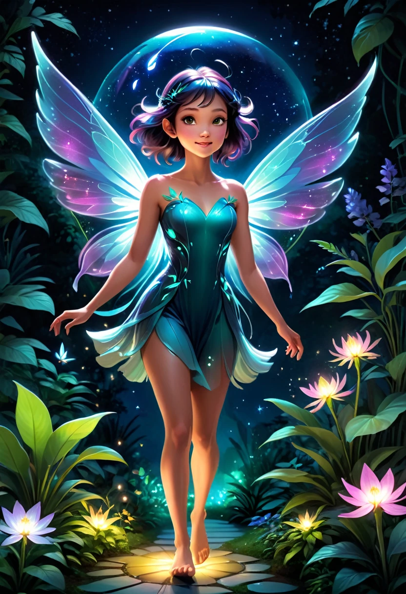 Hyper-realistic digital painting of a bioluminescent faerie flying through a modern botanical garden at night. The faerie's wings glow with a soft, bioluminescent light, illuminating the exotic plants and flowers around her. She is tiny, with delicate features and an ethereal beauty. The garden is a blend of natural and artificial beauty, with pathways lit by soft lights and a glass dome overhead revealing the starry sky. Cinematic composition, trending on ArtStation.