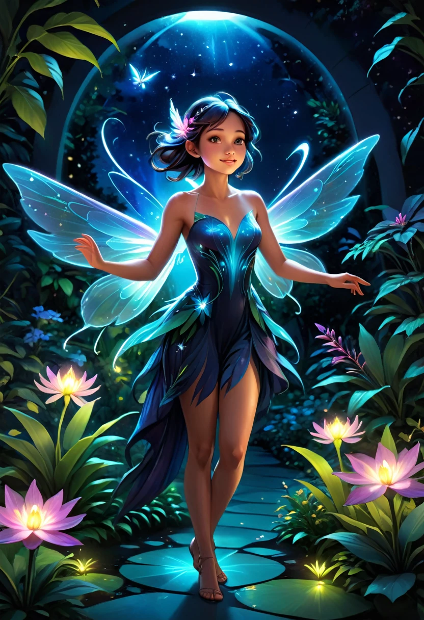 Hyper-realistic digital painting of a bioluminescent faerie flying through a modern botanical garden at night. The faerie's wings glow with a soft, bioluminescent light, illuminating the exotic plants and flowers around her. She is tiny, with delicate features and an ethereal beauty. The garden is a blend of natural and artificial beauty, with pathways lit by soft lights and a glass dome overhead revealing the starry sky. Cinematic composition, trending on ArtStation.