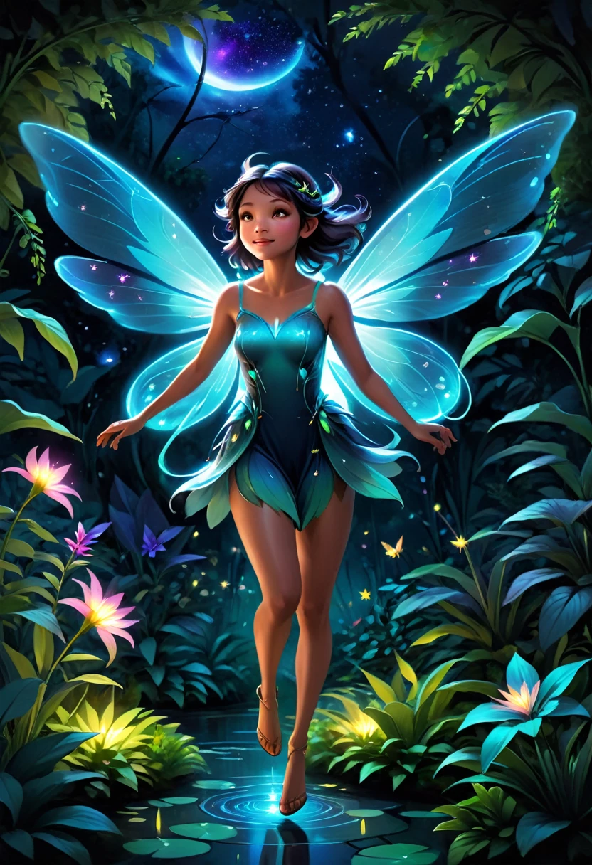 Hyper-realistic digital painting of a bioluminescent faerie flying through a modern botanical garden at night. The faerie's wings glow with a soft, bioluminescent light, illuminating the exotic plants and flowers around her. She is tiny, with delicate features and an ethereal beauty. The garden is a blend of natural and artificial beauty, with pathways lit by soft lights and a glass dome overhead revealing the starry sky. Cinematic composition, trending on ArtStation.