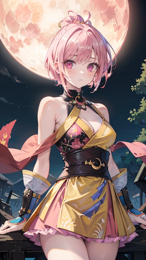 Best quality, Ultra detailed, best quality, insanely detailed, beautiful, masterpiece, 8k, 
break  
(full moon:1.2),  red moon, eye on moon, 
break 
1lady, solo, pink hair, (short hair:1.2), (topknot:1.0), yellow ribon ,ultra deltailed iris, red eyes, ultra detailed eyes, eyes in tripple pattern, kunoichi wear, (pink wear:1.2),  (no pattered wear:1.2) ,(yellow colored skirf on neck covering mouth:1.2),
Break
Upper body, from front,  nsfw,