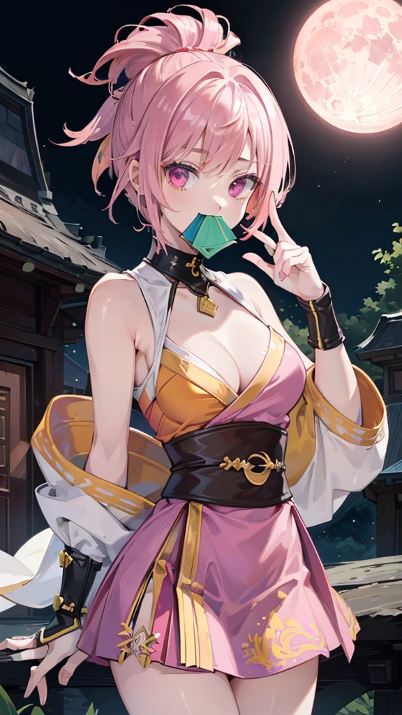 Best quality, Ultra detailed, best quality, insanely detailed, beautiful, masterpiece, 8k, 
break  
(full moon:1.2),  red moon, eye on moon, 
break 
1lady, solo, pink hair, (short hair:1.2), (topknot:1.0), yellow ribon ,ultra deltailed iris, red eyes, ultra detailed eyes, eyes in tripple pattern, kunoichi wear, (pink wear:1.2),  (no pattered wear:1.2) ,(yellow colored skirf on neck covering mouth:1.2),
Break
Upper body, from front,  nsfw,