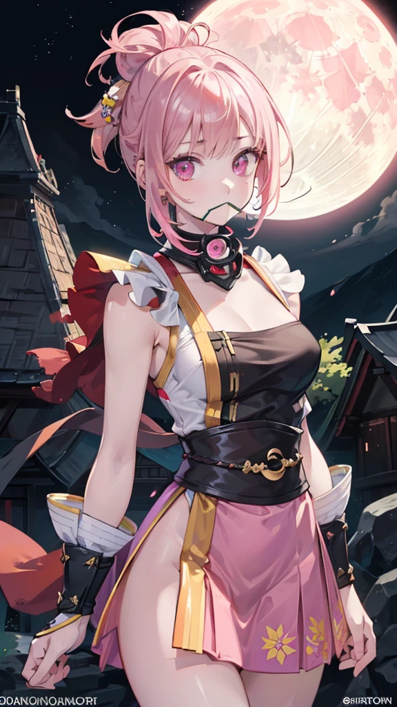 Best quality, Ultra detailed, best quality, insanely detailed, beautiful, masterpiece, 8k, 
break  
(full moon:1.2),  red moon, eye on moon, 
break 
1lady, solo, pink hair, (short hair:1.2), (topknot:1.0), yellow ribon ,ultra deltailed iris, red eyes, ultra detailed eyes, eyes in tripple pattern, kunoichi wear, (pink wear:1.2),  (no pattered wear:1.2) ,(yellow colored skirf on neck covering mouth:1.2),
Break
Upper body, from front,  nsfw,