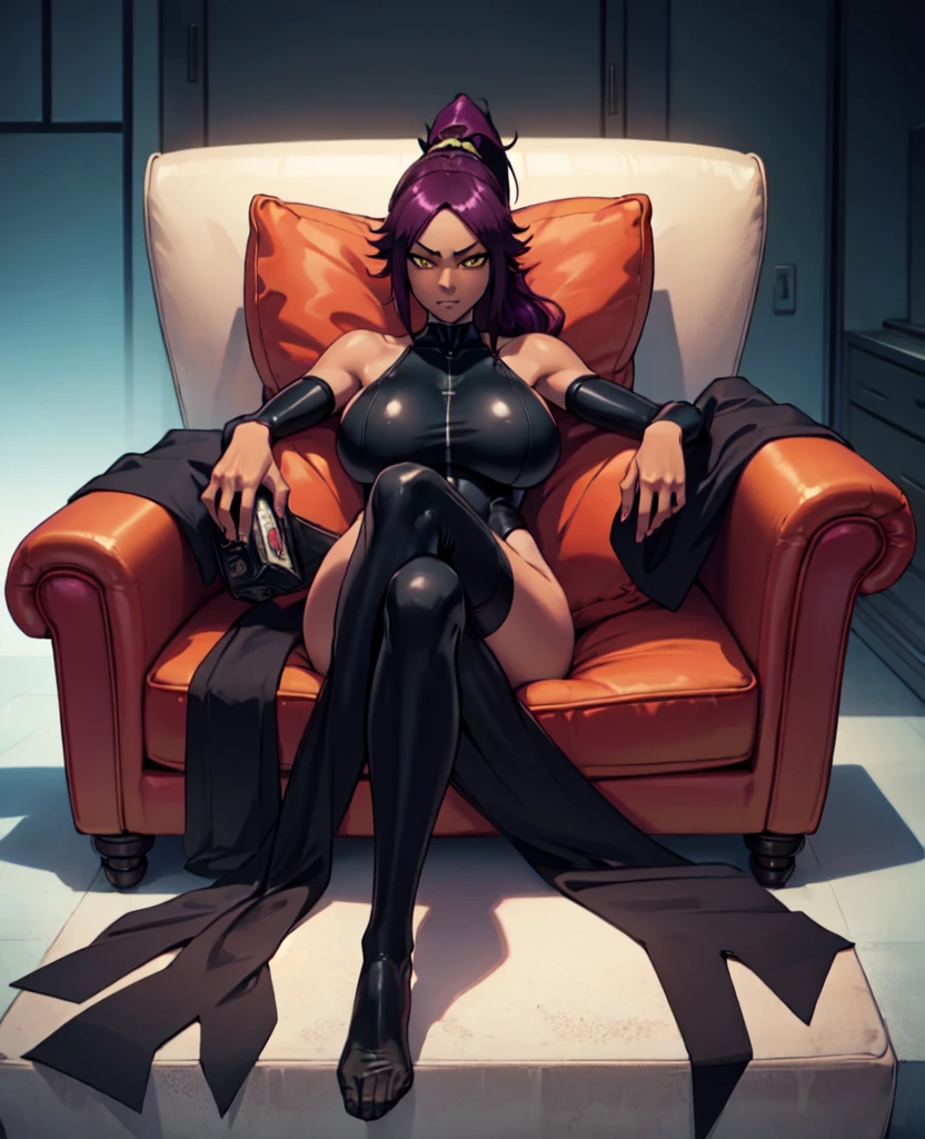 1girl, sofa, sitting, legs crossed, bodysuit, black bodysuit, bare arms, bare shoulders, (large breasts:1.2), yoruichi shihouin, dark skin, dark-skinned female, ponytail, purple hair, yellow eyes, (black leotard:1.4), thighhighs, full body, ((Leg Crossing ))