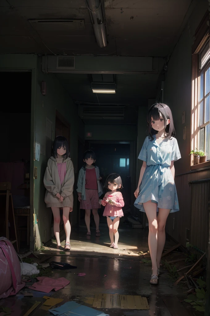 Girls under 8 years old, Height under 100, dress, Small breasts, Patterned cotton panties, Fabric Real, Long black hair, No jacket, Abandoned Hospital