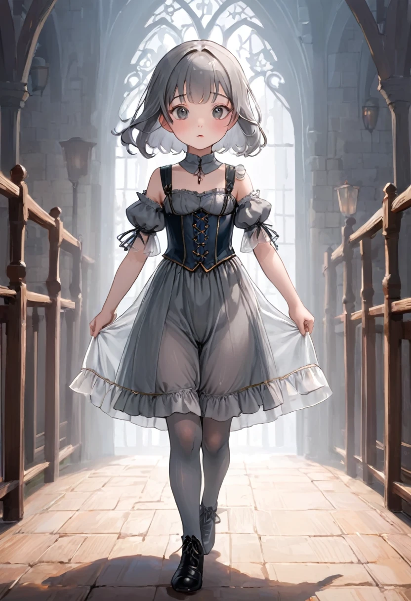  chica medieval, undertener puesto姿、Bloomers translúcidos hasta la rodilla（undertener puesto）tener puesto、tener puesto a semi-transparent corset、deslizamiento translúcido, Medias grises translúcidas