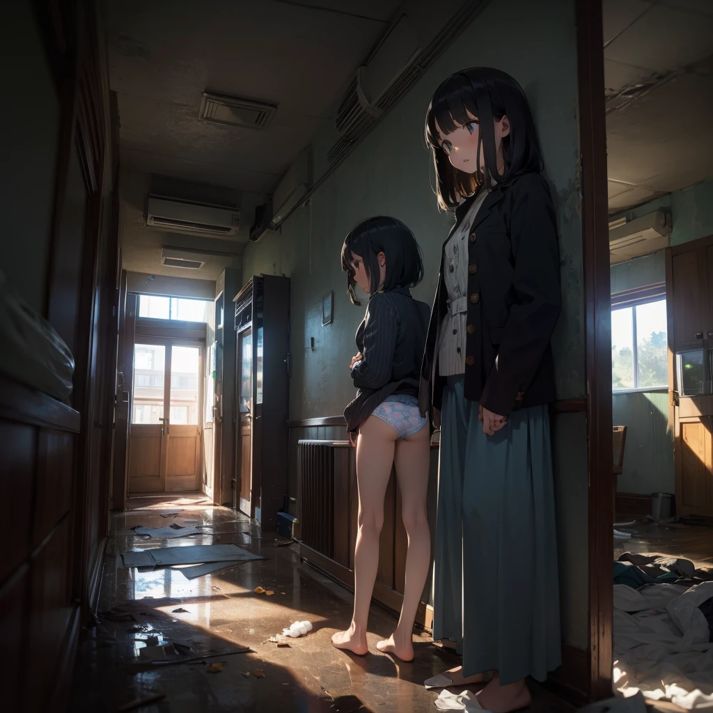 Girls under 8 years old, Height under 100, dress, Small breasts, Patterned cotton panties, Fabric Real, Long black hair, No jacket, Abandoned Hospital