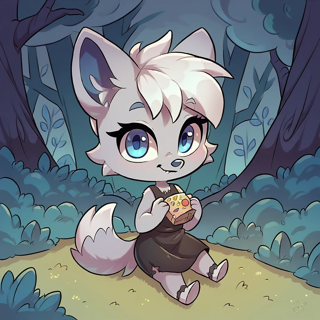 little fox, female, white hair, silver fur, blue eyes, cute kid, , alone, kid , white hair, cute, chibi, black dress, night forest