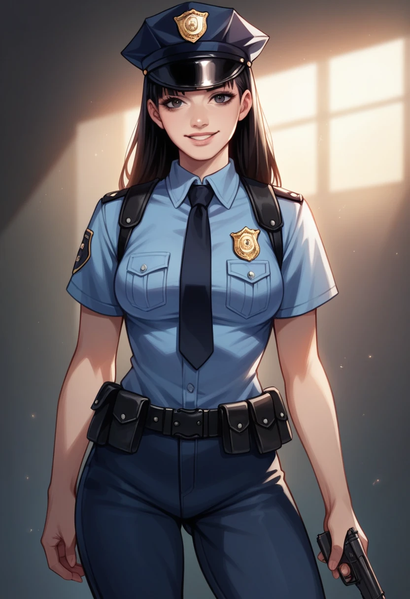  1 girl, police, adult, Resident Evil style, sexy police officer in uniform, slim, evening, soft light, face detail, tender face, long black hair, clear skin, fringe, with light pink lips, with gun in hand, smiling, big black eyes, looking at the viewer, No cap. --realistic style-imagine -    