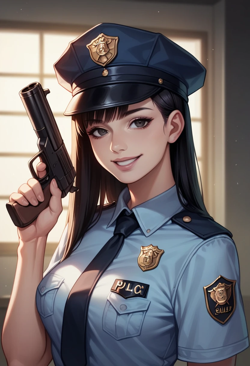  소녀 1명, 경찰, 성인, 레지던트 이블 스타일, sexy 경찰 officer in uniform, 날씬한, 저녁, 부드러운 빛, 얼굴 세부 사항, 부드러운 얼굴, 긴 검은 머리, 깨끗한 피부, 주변, 연한 핑크색 입술로, 손에 총을 들고, 웃고있는, 크고 검은 눈, 뷰어를보고, 아무것도하지 않음. --사실적인 스타일-상상--    