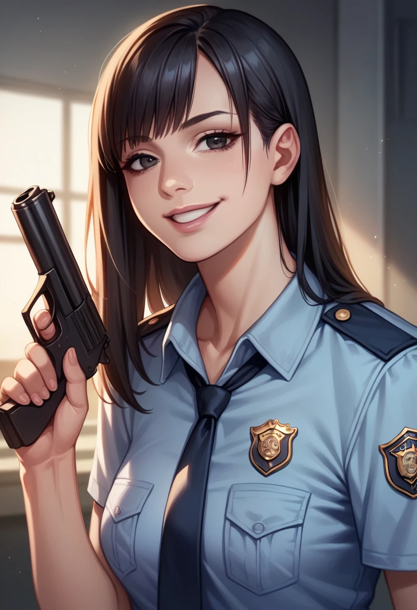  1 girl, police, adult, Resident Evil style, sexy police officer in uniform, slim, evening, soft light, face detail, tender face, long black hair, clear skin, fringe, with light pink lips, with gun in hand, smiling, big black eyes, looking at the viewer, No cap. --realistic style-imagine -    